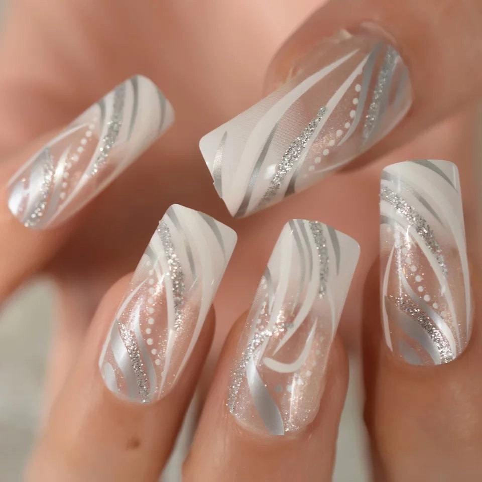 24 Silver clear Ombre French Glitter design square Long Press On Nails kit glue on white