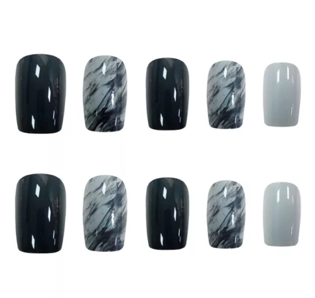 24 Smoky Marble medium square Press On Nails kit glue on dark blue