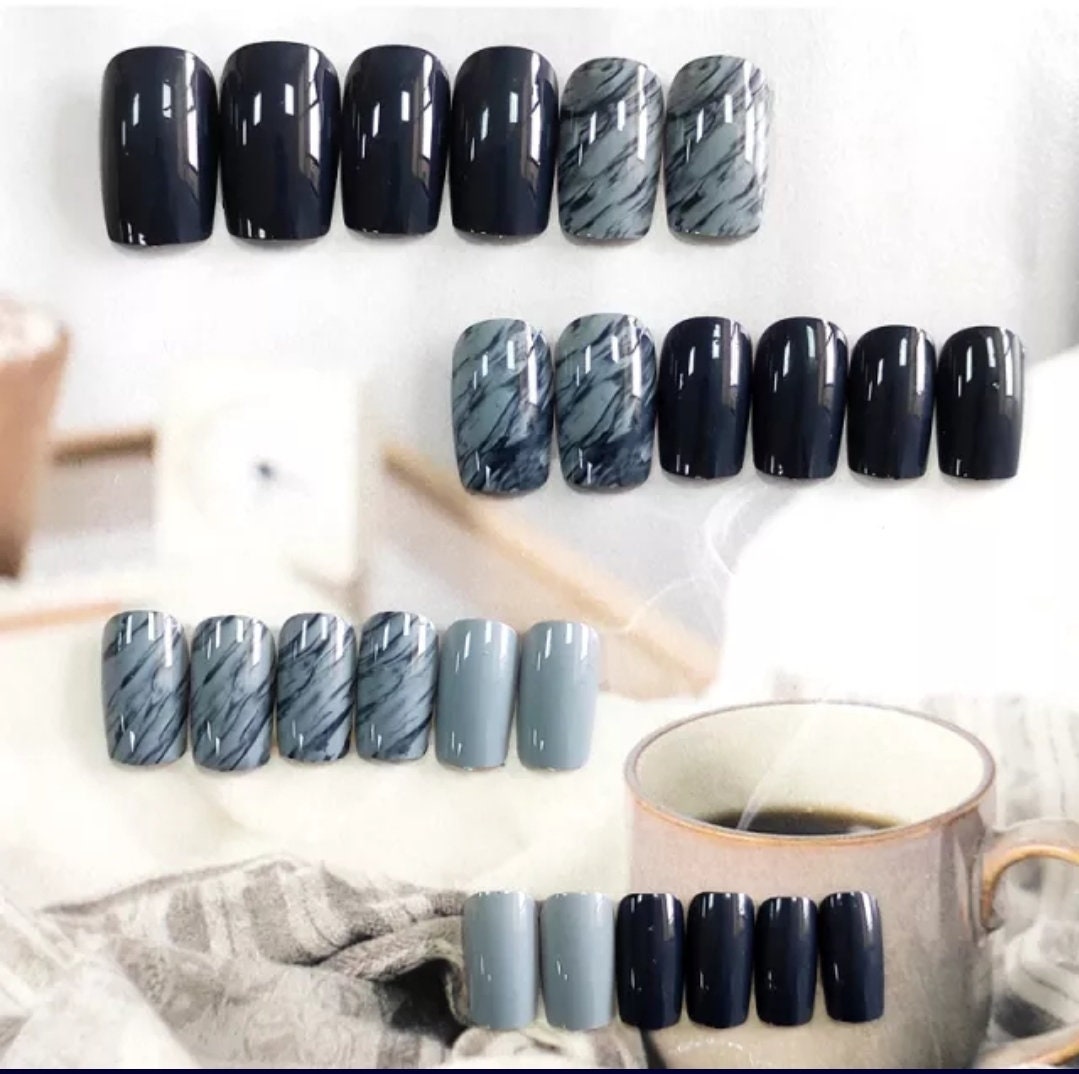24 Smoky Marble medium square Press On Nails kit glue on dark blue