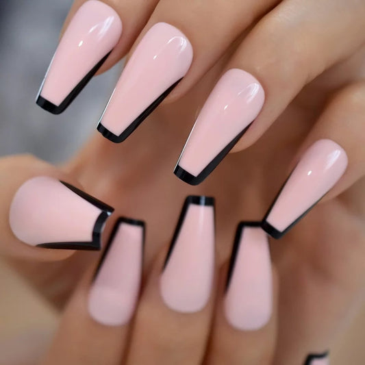 24 Pcs Black Tip French Rim border Long Press On nails Glue on Gothic edgy trendy classic pink