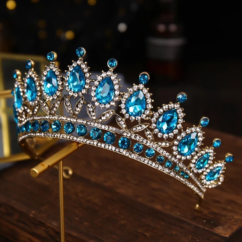 Blue sapphire Crystal Silver Tiara Crown Detail Princess Queen headress jewelry bridal Halloween cosplay diadem spike wedding pageant