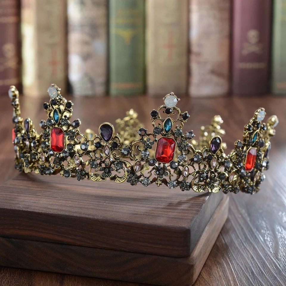 Vintage baroque Gold Crown Tiara King Queen headress jewelry bridal Halloween cosplay Wedding pageant royalty champagne Greek god ruby