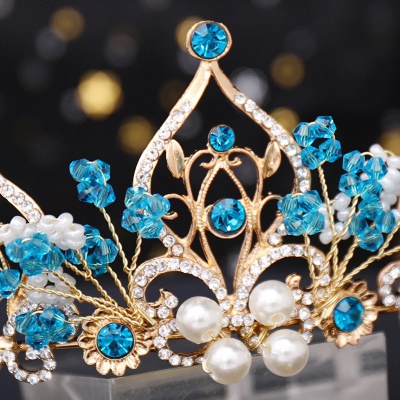 Blue sapphire Crystal Tiara Crown Detail Princess Queen headress jewelry bridal Halloween cosplay diadem spike wedding pageant gold
