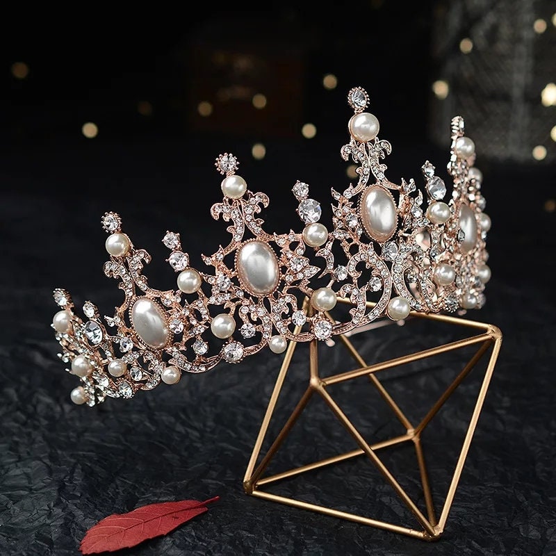 Rose Gold Pearl Tiara Crown Detailed Pink Champagne Pearls Princess Queen headress jewelry bridal Halloween cosplay diadem spike