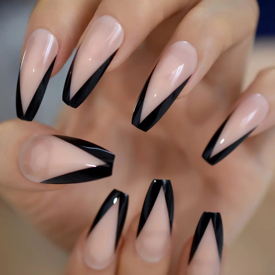 24 pcs Black Tip French Rim V shape Long Press On nails Glue on Gothic edgy trendy classic 