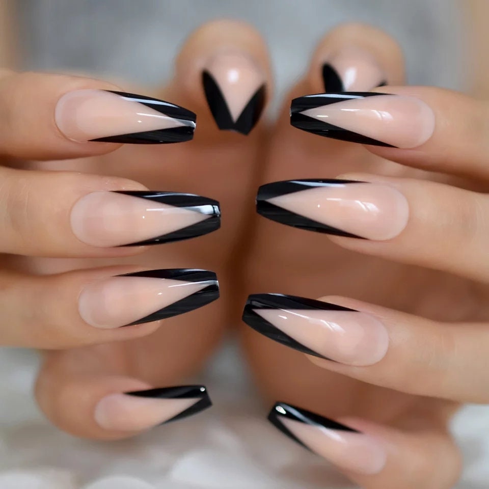 24 pcs Black Tip French Rim V shape Long Press On nails Glue on Gothic edgy trendy classic 