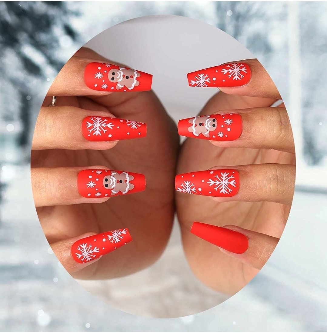 24 Matte Red Christmas Press on nails kit glue on snow flake gingerbread festive Xmas long
