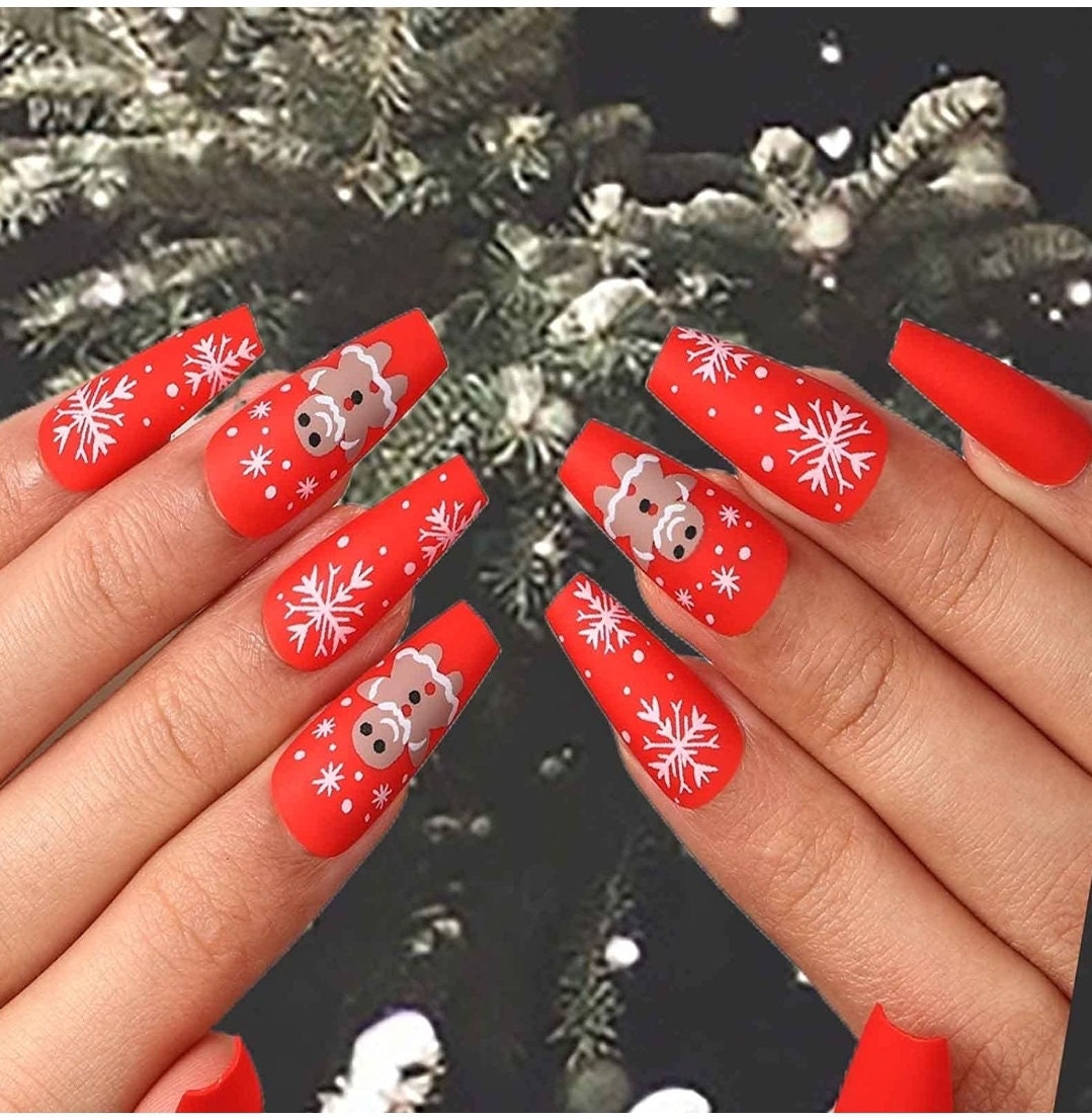 24 Matte Red Christmas Long Press on nails kit glue on snowflake gingerbread festive