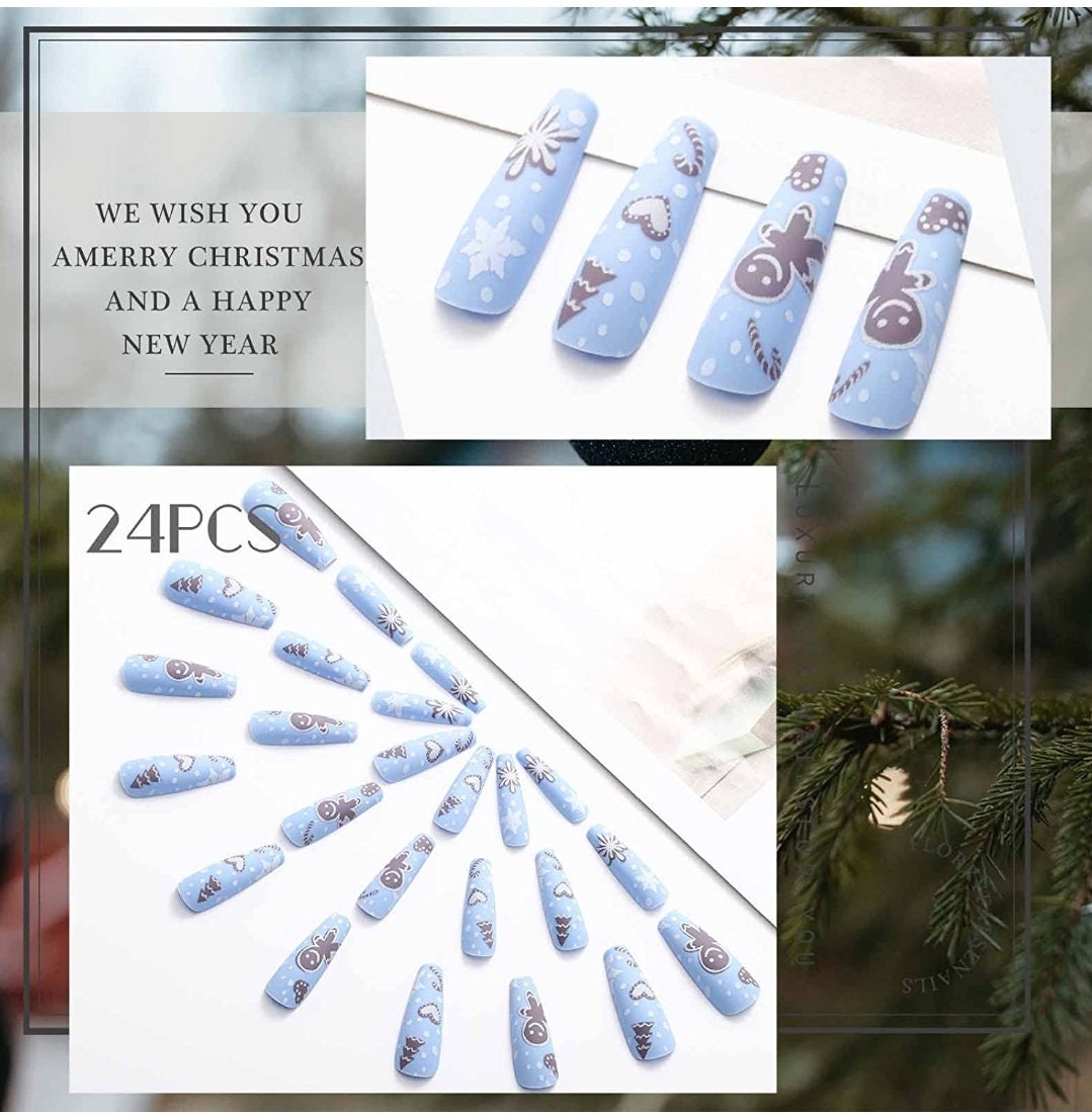24 Matte Winter Blue Christmas Long Press on nails kit glue on snow flake gingerbread festive 