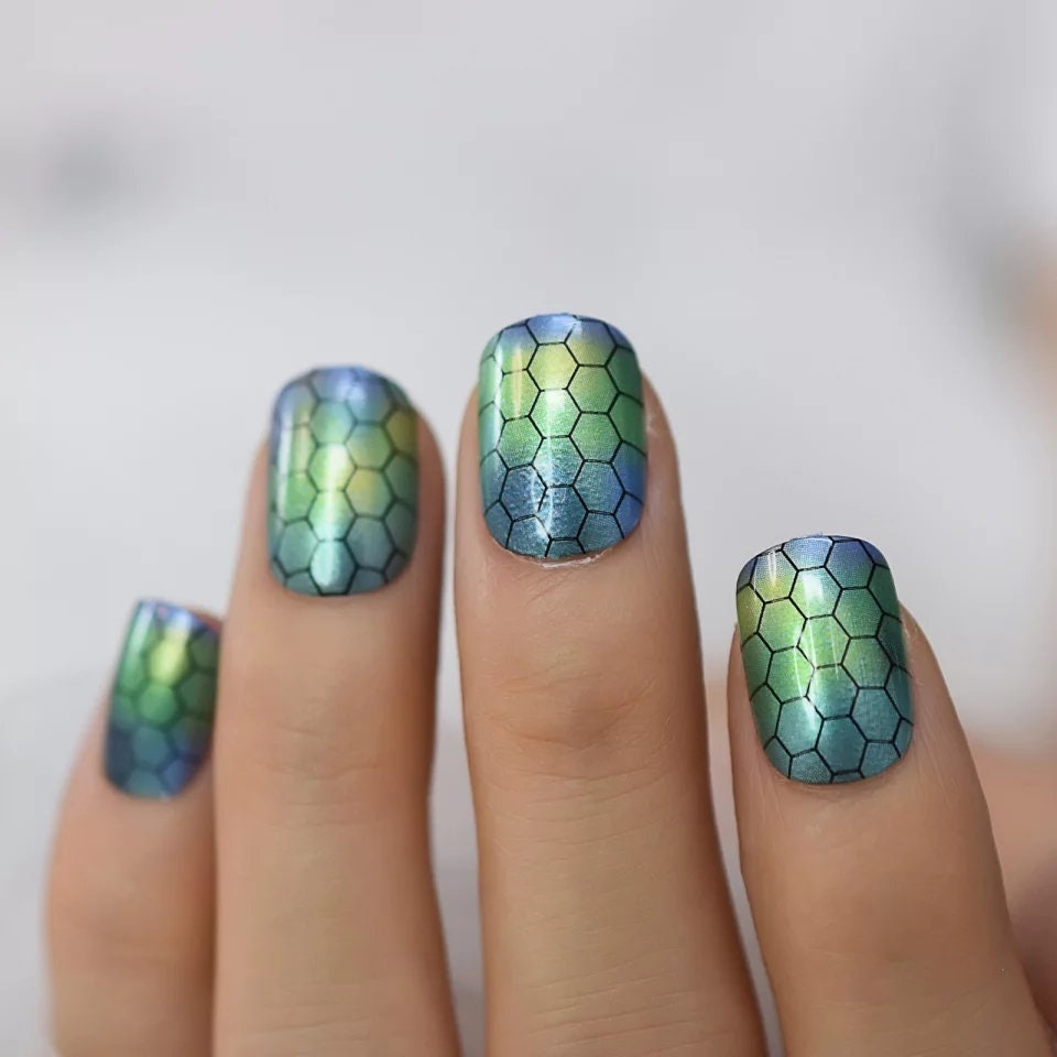 24 Unique Short Press On Nails  Geometric Glue On aqua blue snakeskin honeycomb trendy classic lines ombre green artsy multicolor