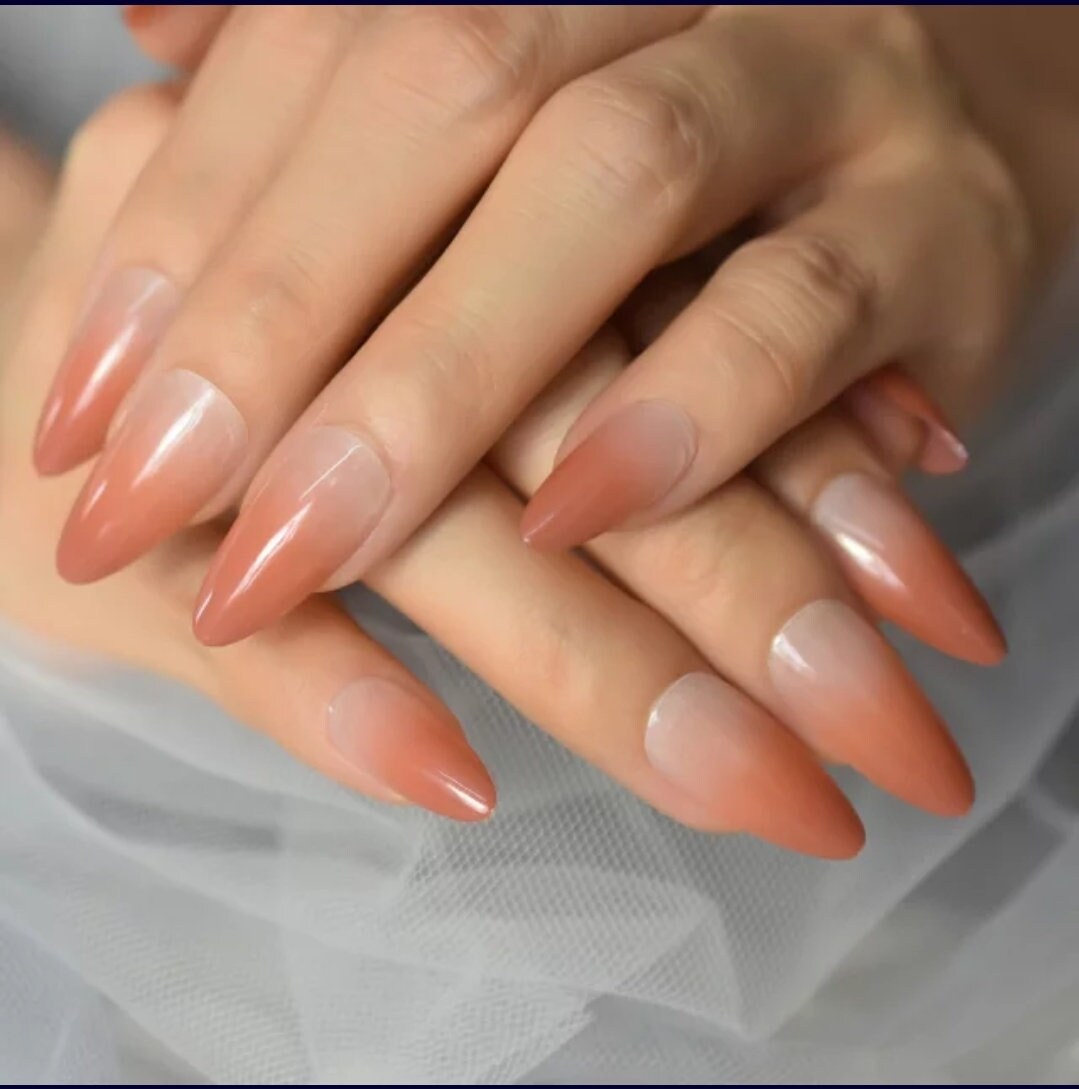 24 Ombre Burnt Peach Press On Nails nude Medium Long Stiletto Almond French tip glue on natural nude orange fall winter