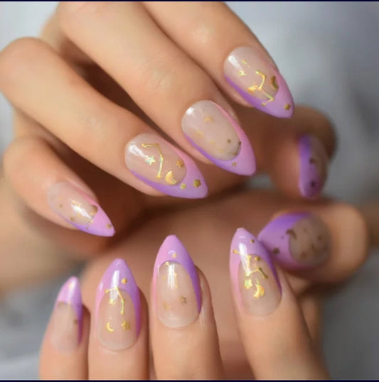 24 Witchy Nude Purple Long Press on Nails kit glue on Goth celestial moon stars alt edgy glitter clear gold astrology purple