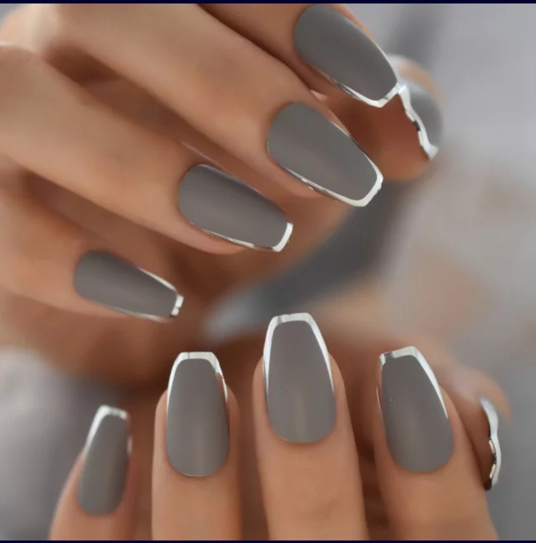 24 Gray metal silver rim Chrome medium Coffin Press on nails glue on mirror shiny metallic gray dark