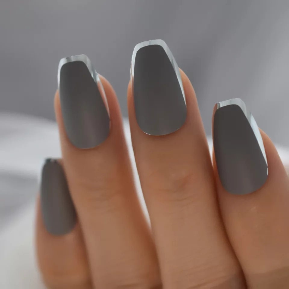 24 Gray metal silver rim Chrome medium Coffin Long Press on nails glue on mirror shiny metallic gray dark