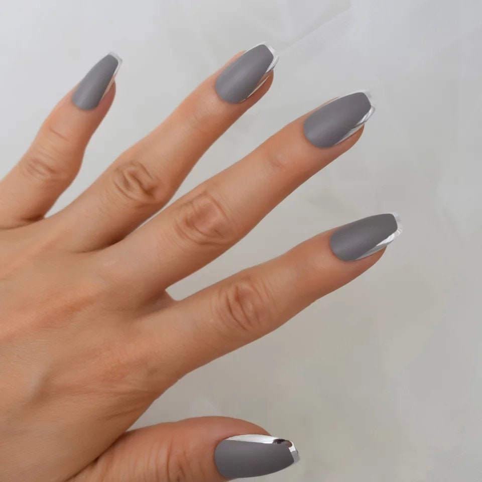 24 Gray metal silver rim Chrome medium Coffin Long Press on nails glue on mirror shiny metallic gray dark