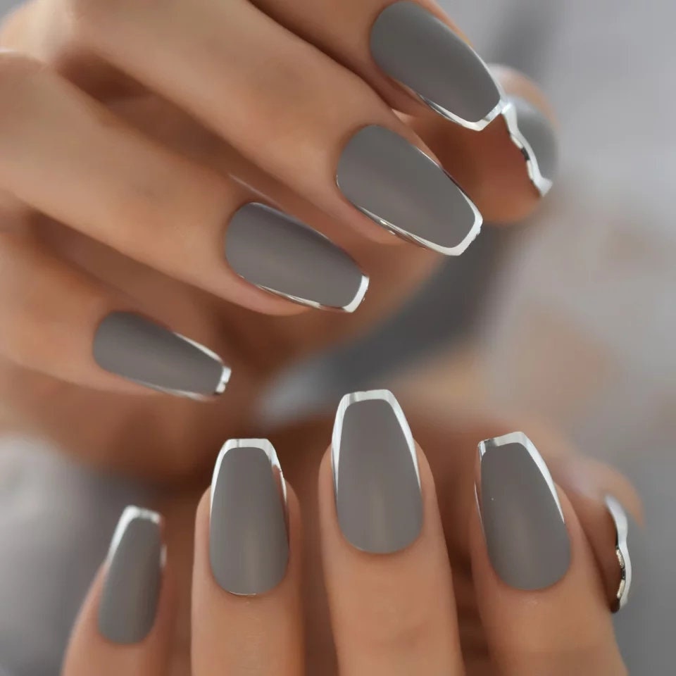 24 Gray metal silver rim Chrome medium Coffin Long Press on nails glue on mirror shiny metallic gray dark