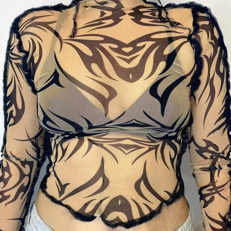Sheer Nude Black Tribal 90s Y2K Mesh Top Long Sleeve full waist Soft Stretchy tattoo Elegant Mock Neck see through classic stripe  skin tone