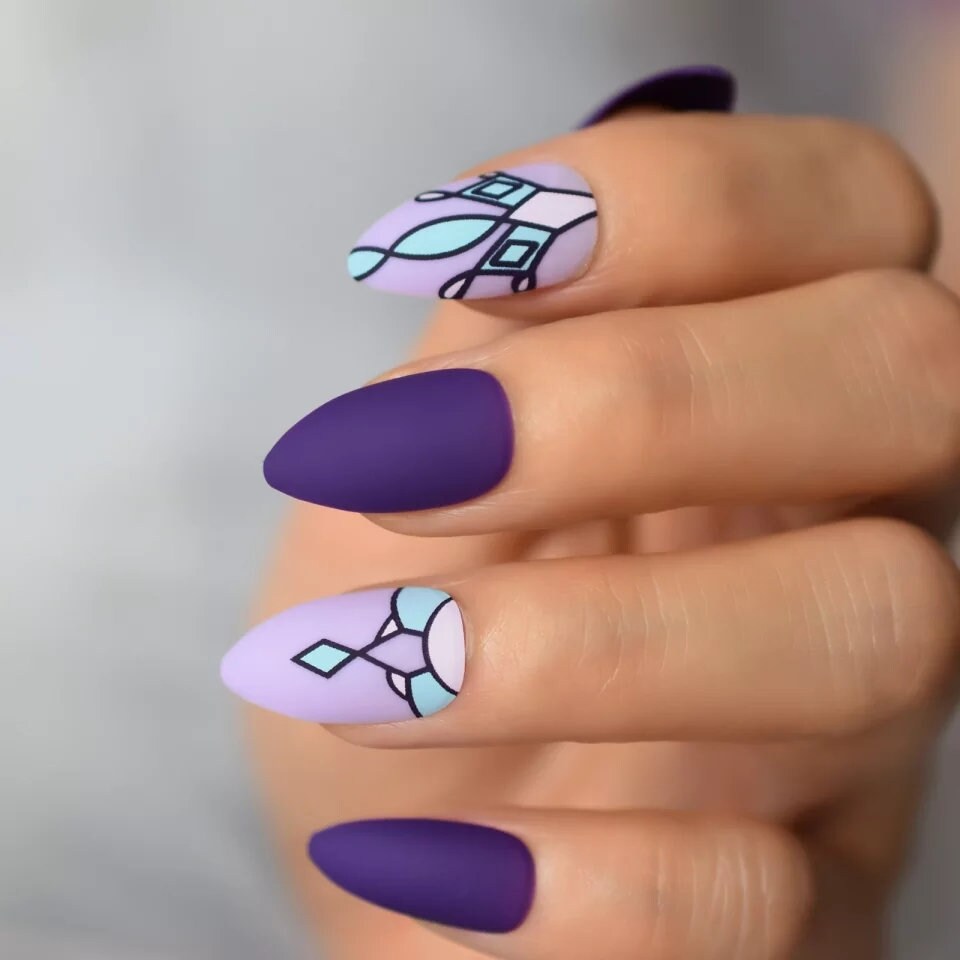 24 Unique Purple stained-glass design Long Press on nails kit glue on Goth alt edgy glitter matte purple almond pointed 