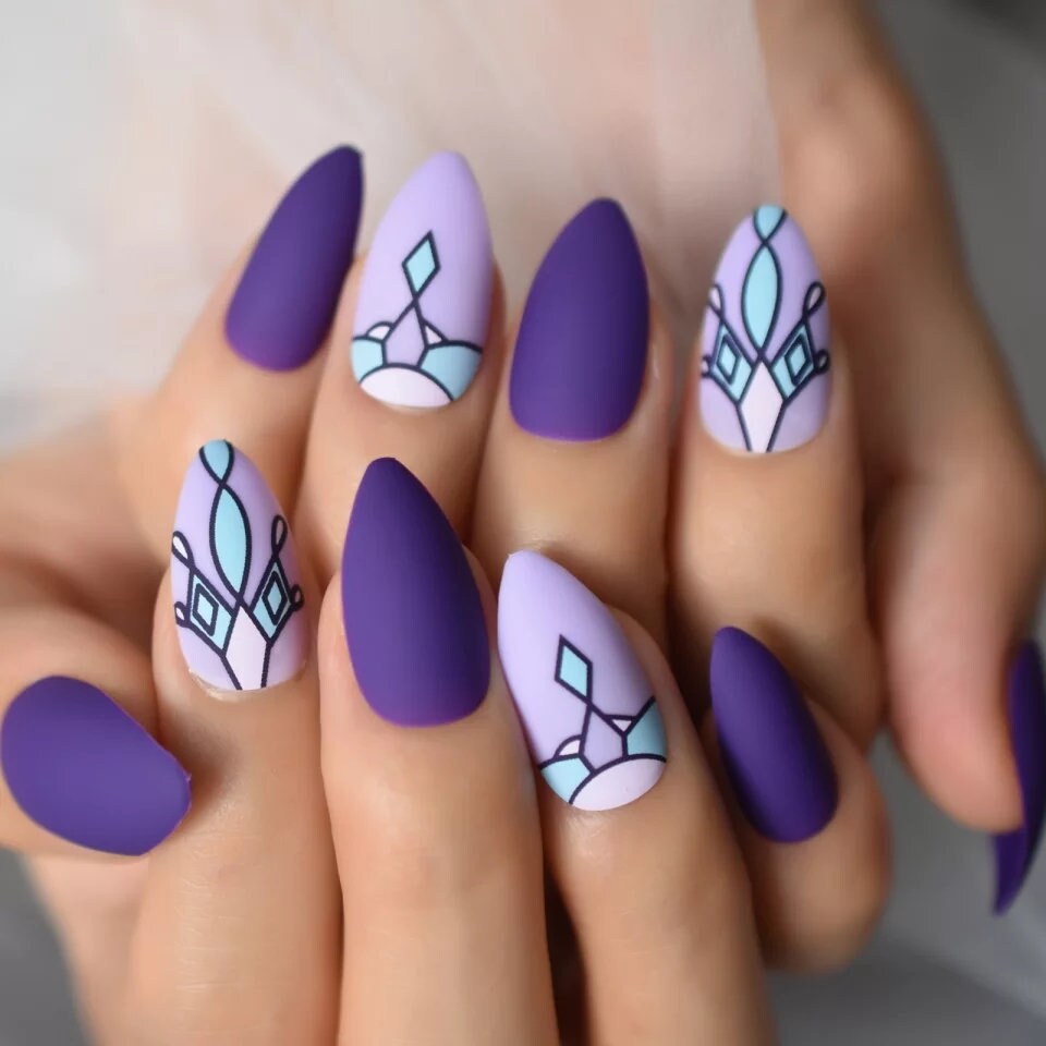 24 Unique Purple stained-glass design Long Press on nails kit glue on Goth alt edgy glitter matte purple almond pointed 