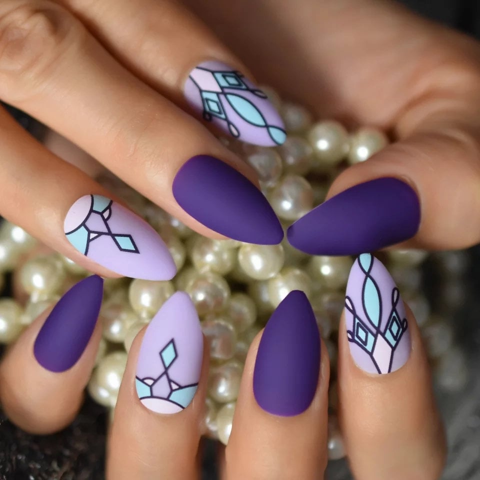 24 Unique Purple stained-glass design Long Press on nails kit glue on Goth alt edgy glitter matte purple almond pointed 