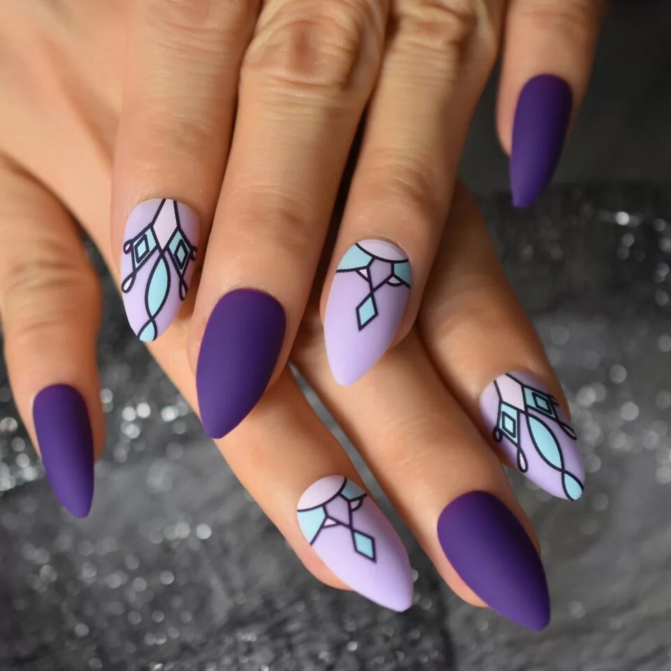 24 Unique Purple stained-glass design Long Press on nails kit glue on Goth alt edgy glitter matte purple almond pointed 
