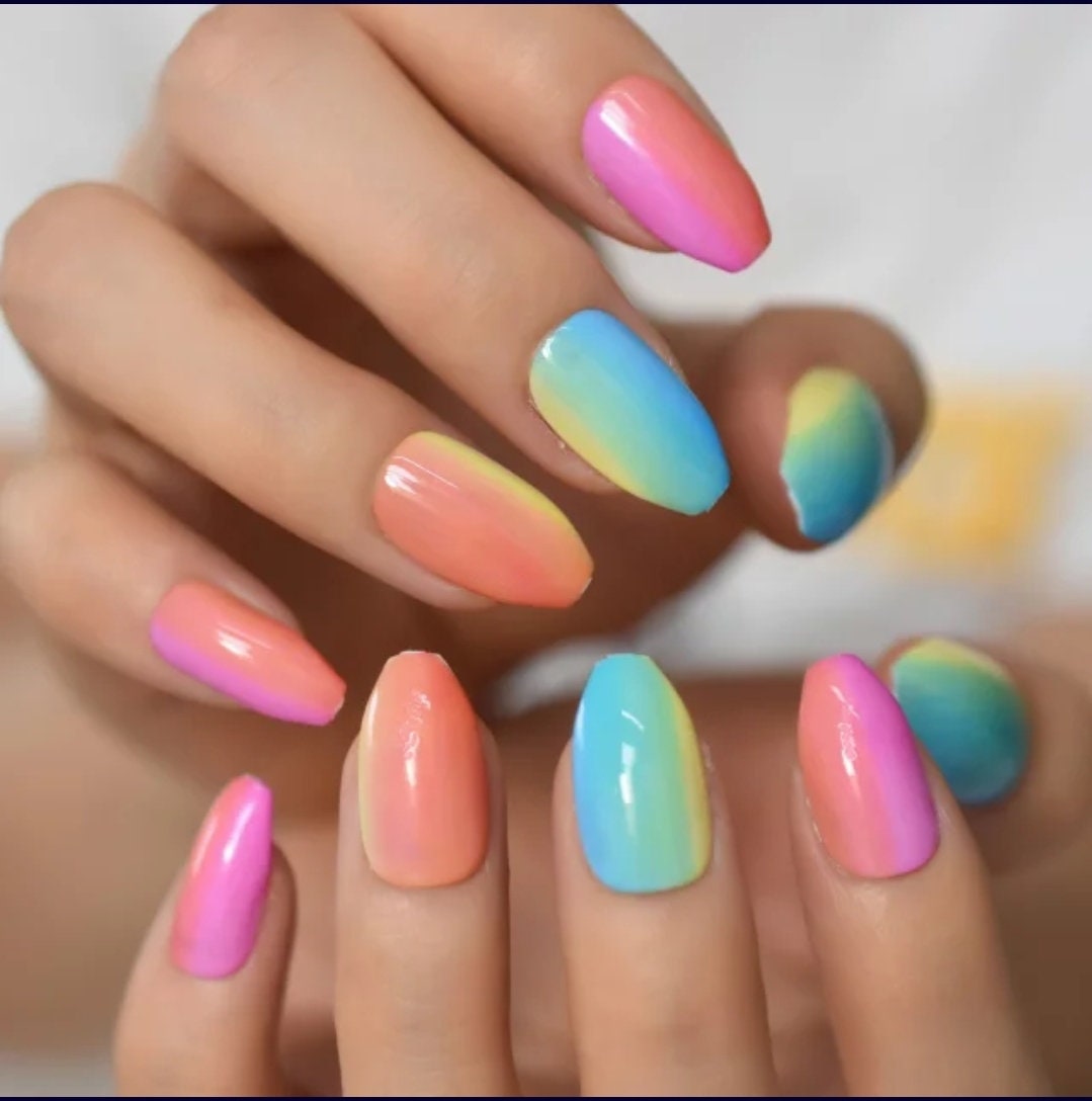 24 Candy Rainbow Ombre Press on nails glue on kit kawaii cute Multicolor hot pink blue orange yellow medium coffin bright neon