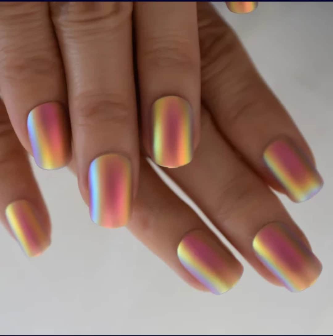 24 Matte Holographic iridescent Unicorn Short Press on nails glue on pink shimmer tan orange purple unique desert glow multicolor