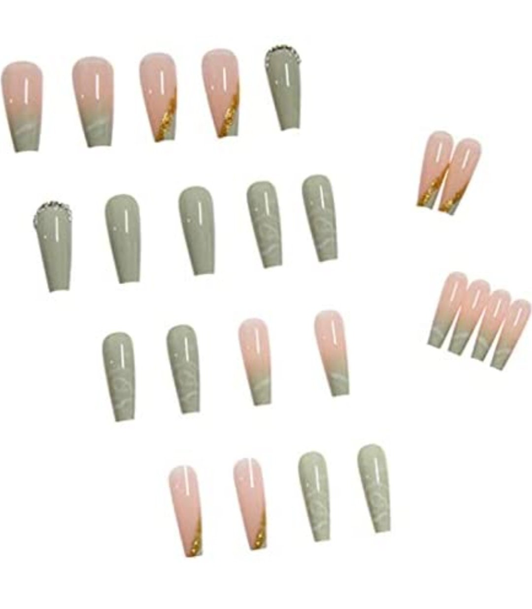 24 Green Jade Long Coffin Press on nails glue on kit Nude gold sage marble