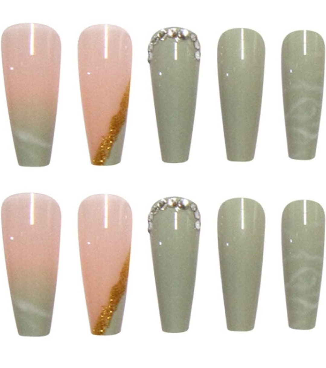 24 Green Jade Long Coffin Press on nails glue on kit Nude gold sage marble