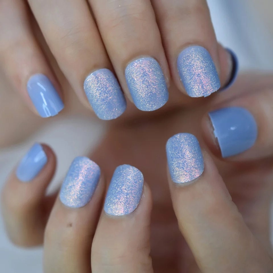 24 Short Icy Blue purple Holographic iridescent Unicorn Press on nails glue on kit winter pink shimmer