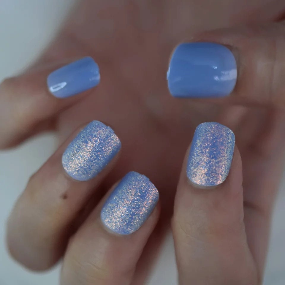 24 Icy Blue purple Holographic iridescent Unicorn Short Press on nails glue on kit winter pink shimmer