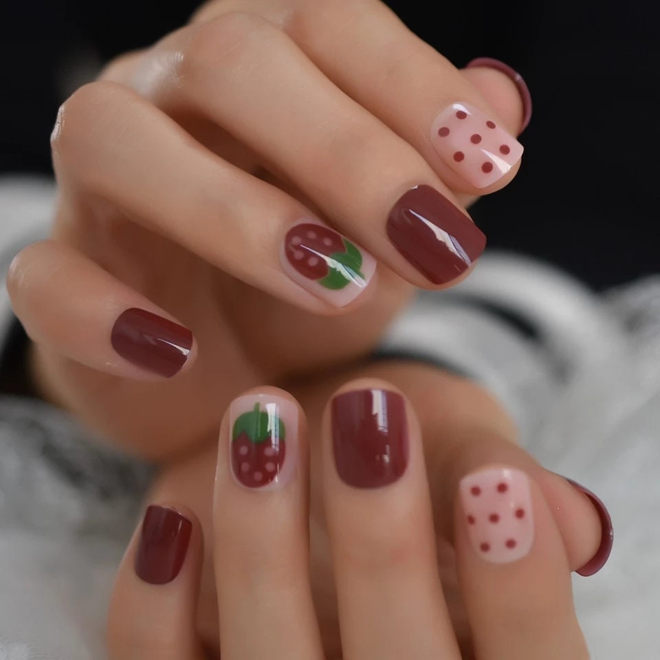 24 Short Red Berry press on nails glue on classic manicure strawberry fruit cute kawaii
