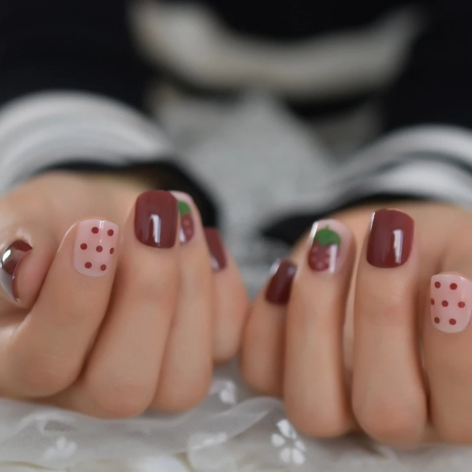 24 Red Berry Short press on nails glue on classic manicure strawberry fruit cute kawaii