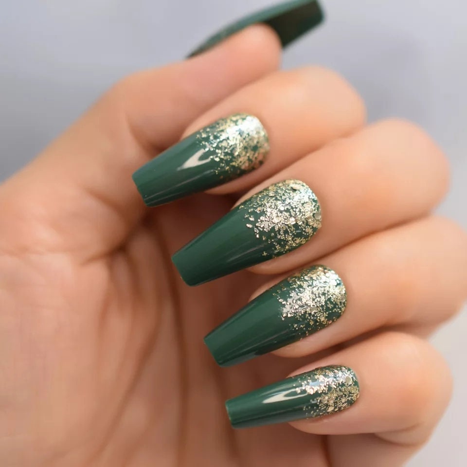 24 Green Gold Glitter Press on nails glue on army hunter dark long coffin ombre