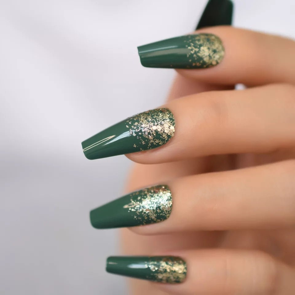 24 Green Gold Glitter Kiss Press on nails glue on army hunter dark long coffin ombre