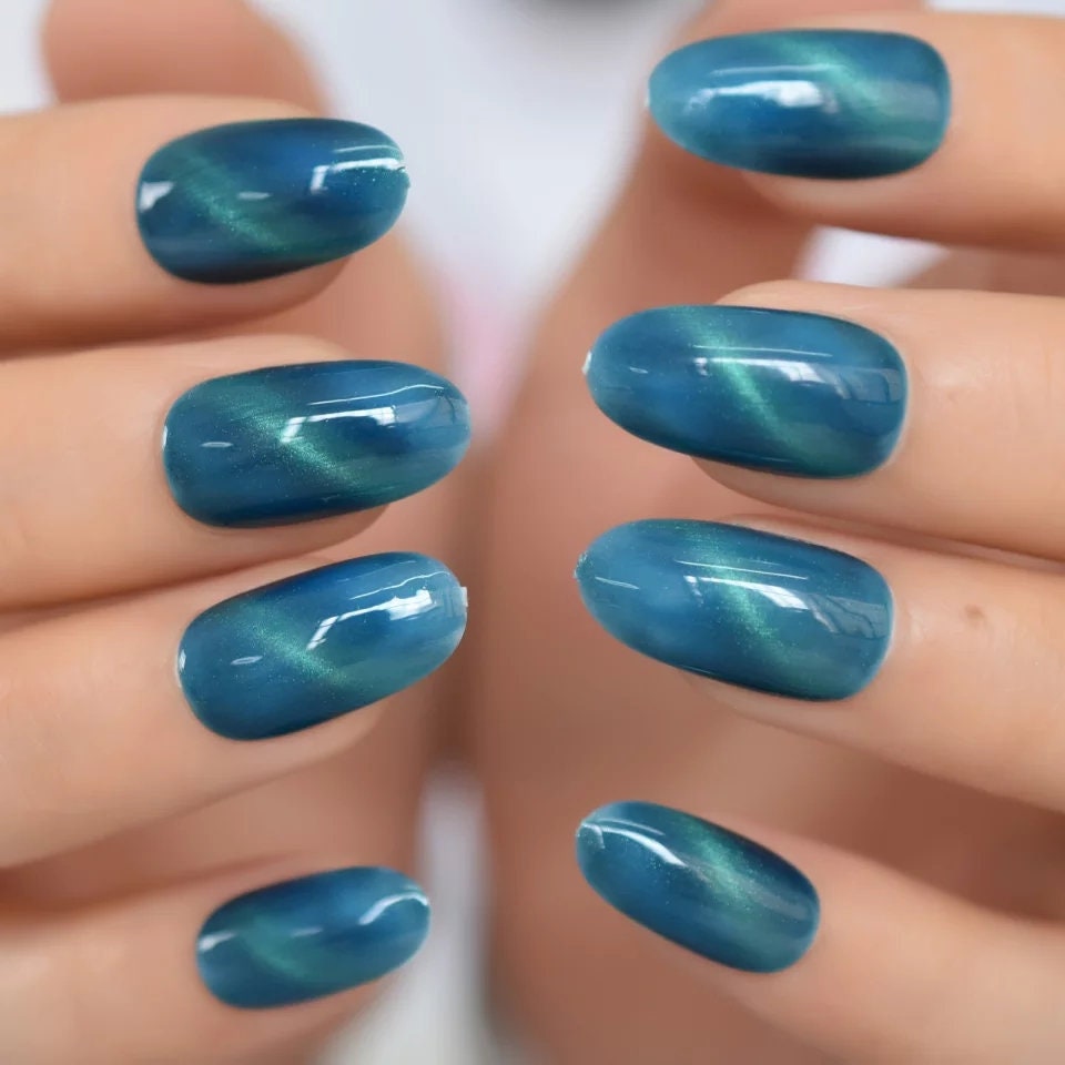24 pcs Aquamarine Galaxy Cat Eye Gel Long Press On Nails Glossy medium Blue glue on magnet almond acrylic