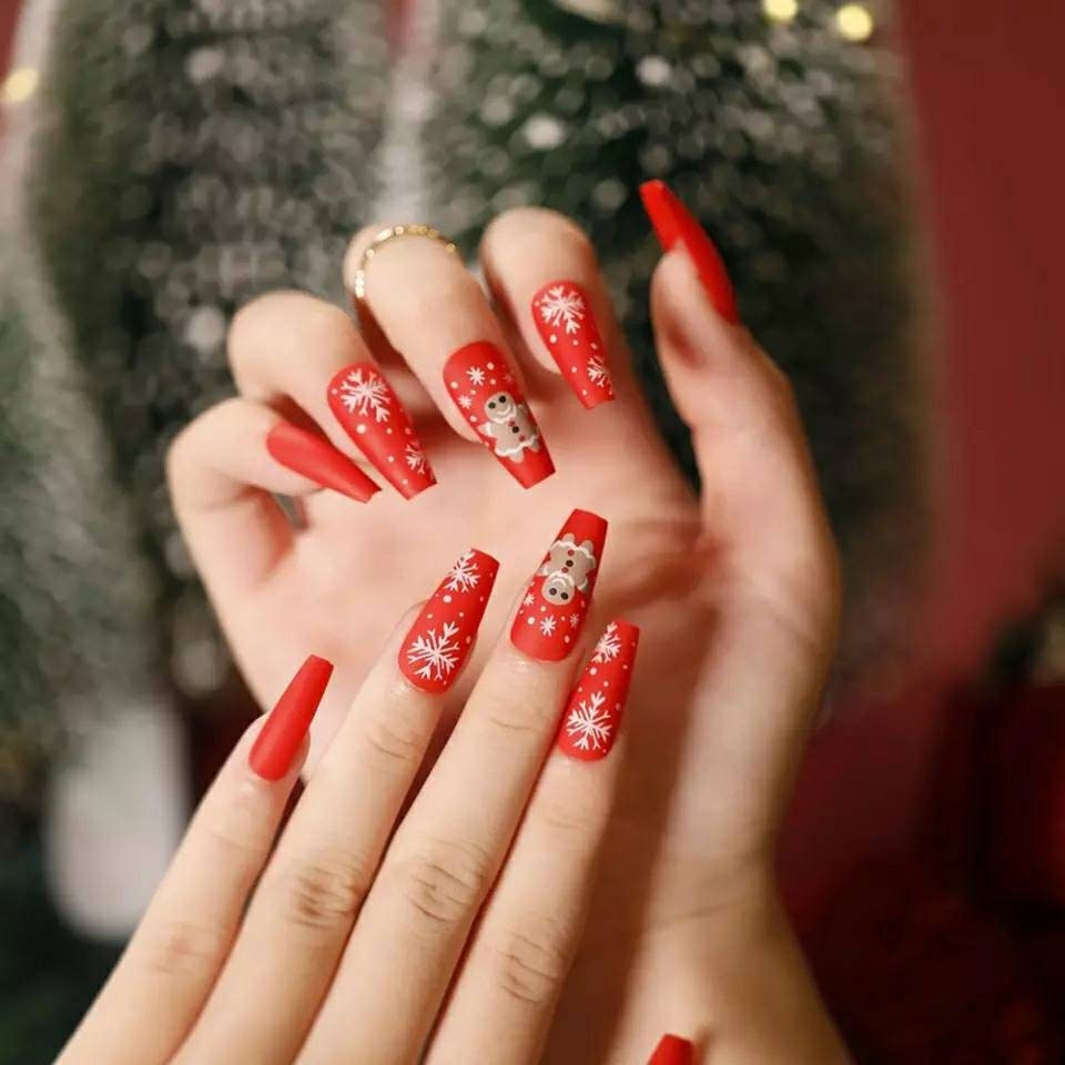 24 pcs Christmas Press on Nails manicure snowflake glitter red reindeer stripe present gift green gold long matte Multi color multicolor winter