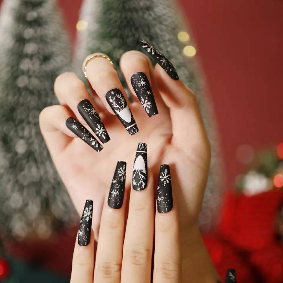 24 Christmas Press on Nails manicure snowflake glitter red reindeer stripe present gift green gold long matte Multi color multicolor winter