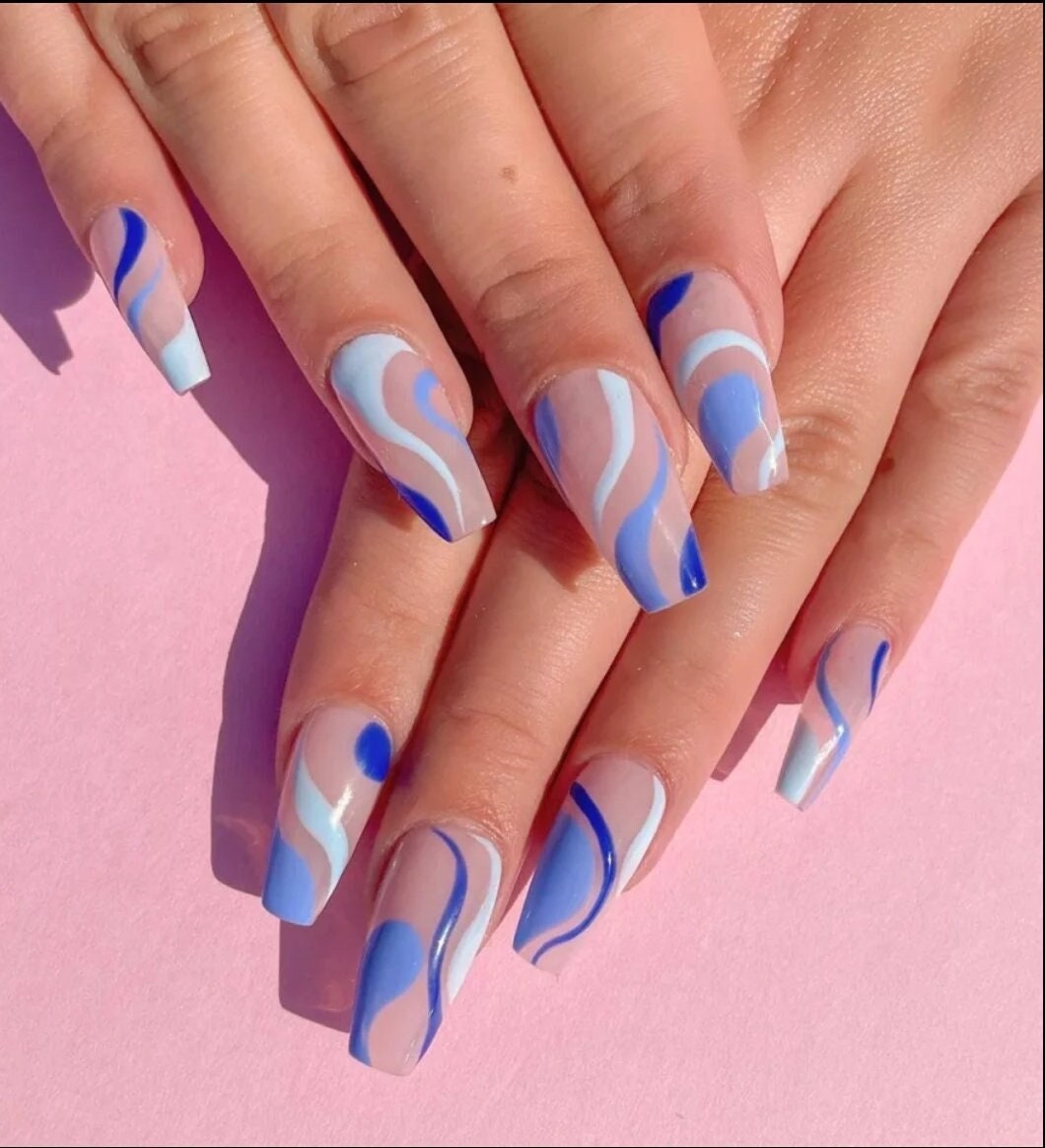 24 Nude Blue Swirl design Long Press on nails glue on Coffin manicure