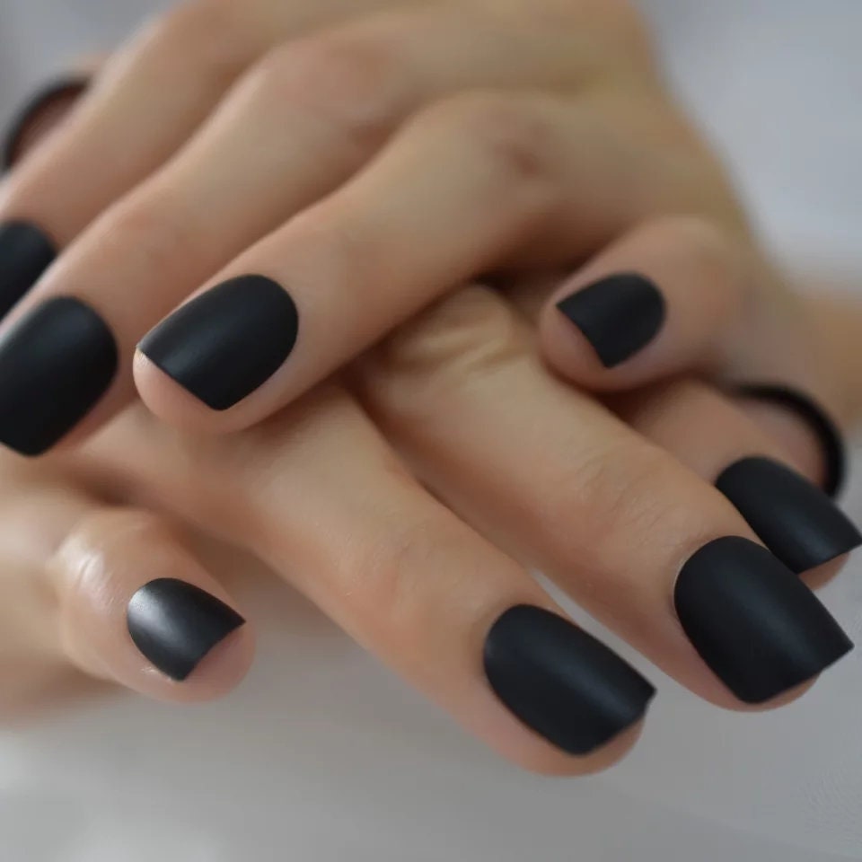 24 Short Matte Black Press On Nails Glue on kit goth edgy squoval