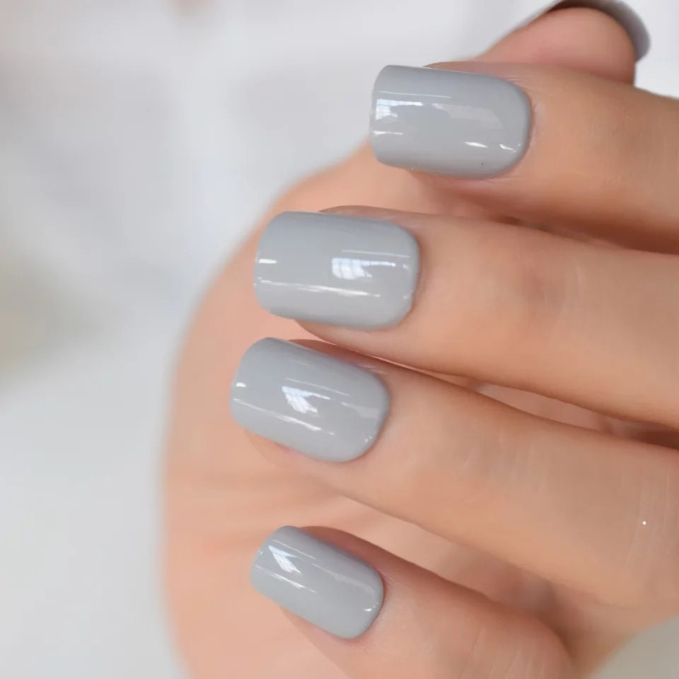 24 Gray Short Press on nails glue on neutral cool grey muted square gel