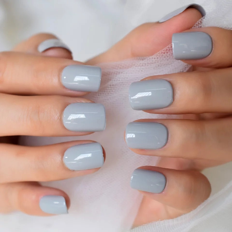 24 Gray Short Press on nails glue on neutral cool grey muted square gel