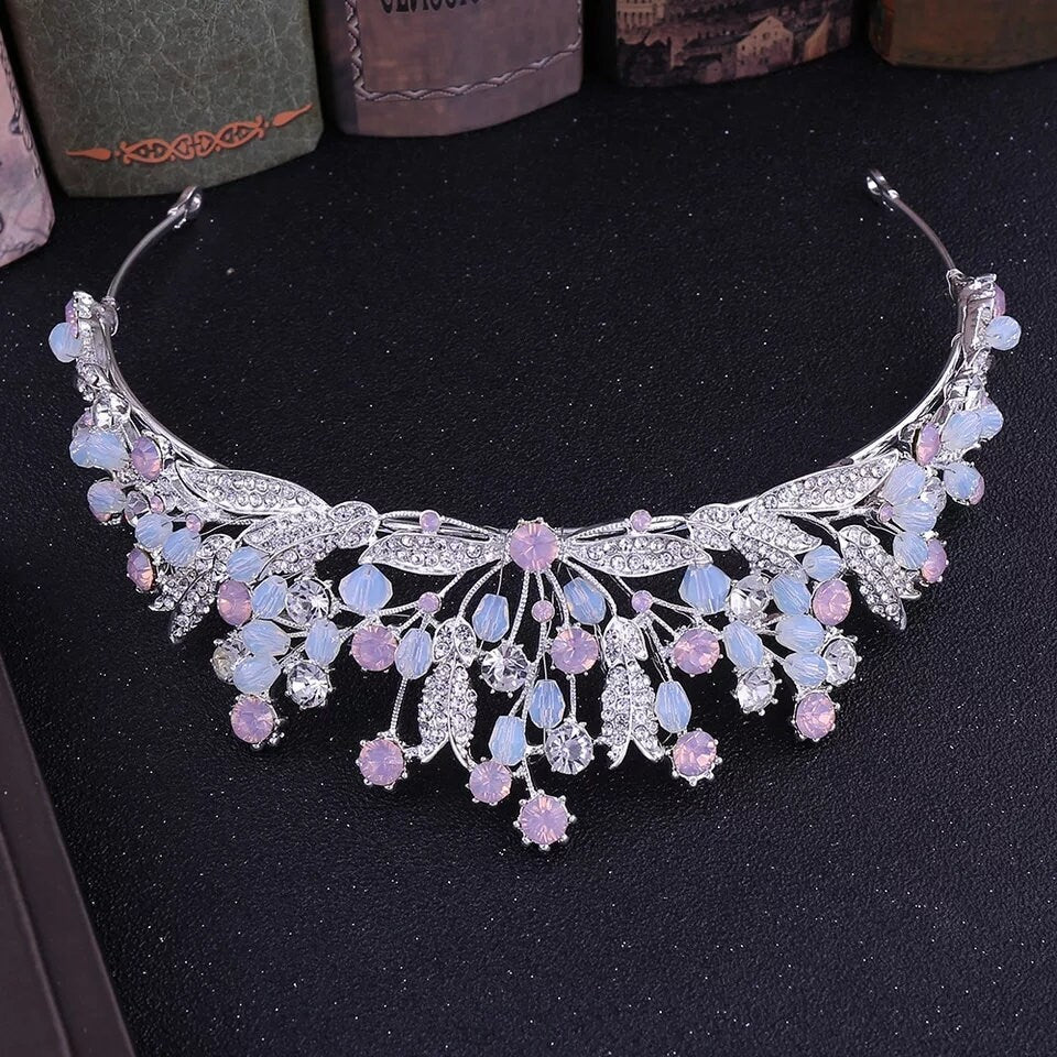 Pastel silver Tiara Crown Detail Princess Queen headress jewelry bridal cosplay diadem Wedding pageant royalty metal crystal