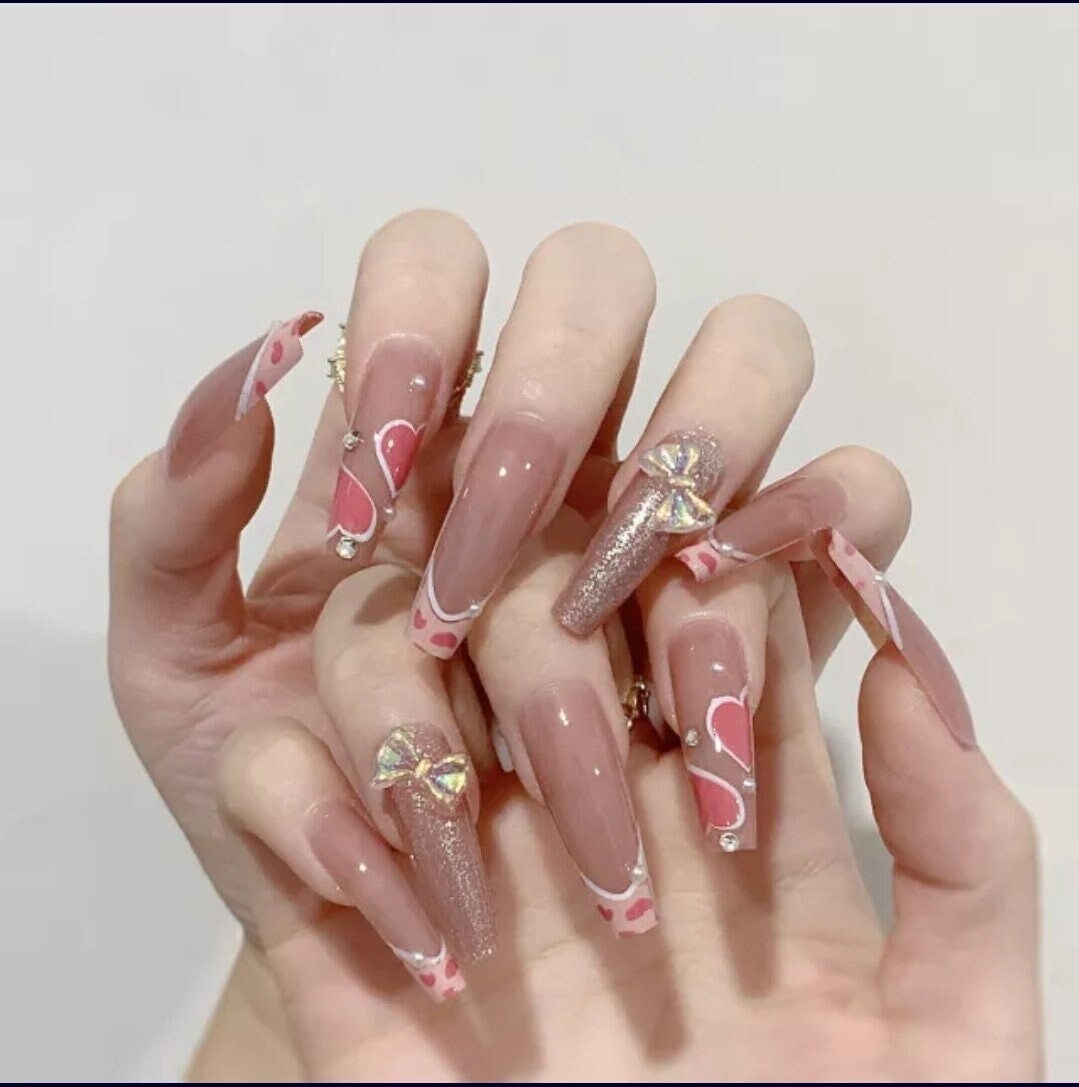 24 Nude Press On Nails Hearts Bows Glossy Extra Long Coffin glue on cream pink cute kawaii glitter