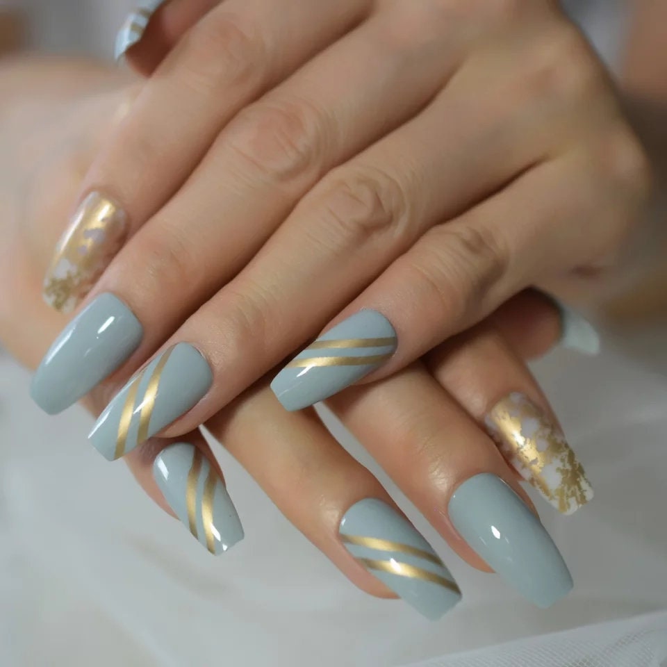 24 Pale Blue Press on nails gold design glue pastel long coffin