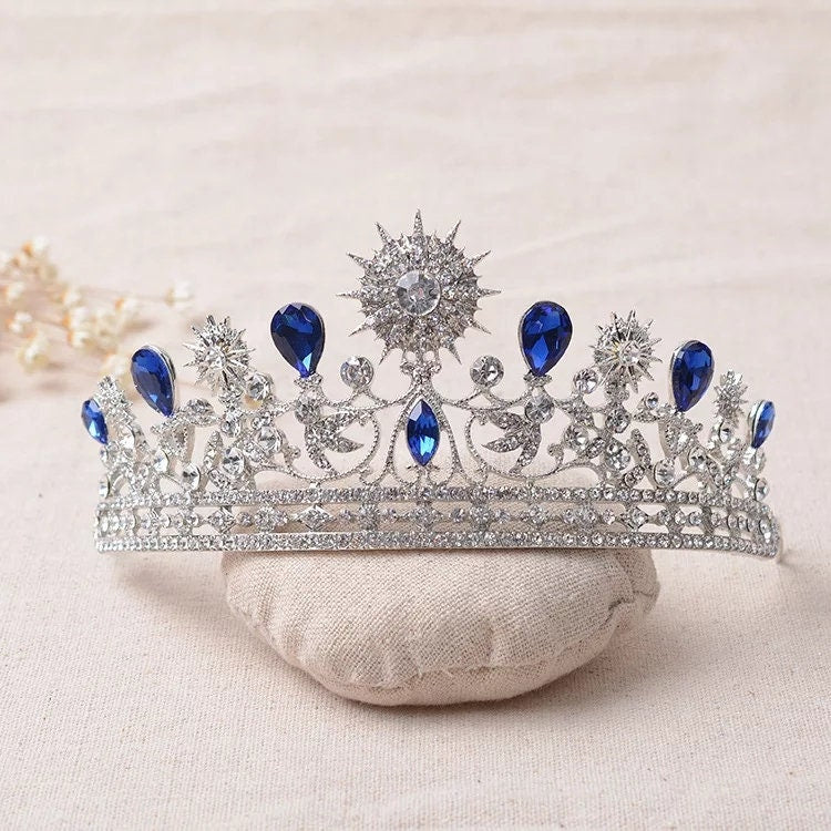 Silver Sapphire Blue Tiara Crown Headdress half royal wedding princess birthday gift sun