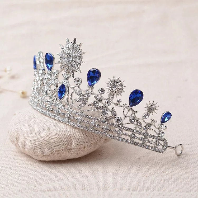 Silver Sapphire Crown Headdress tiara half royal wedding princess birthday gift sun