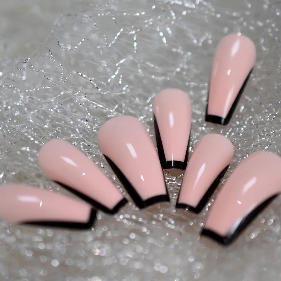 24 Black Tip French Rim border Press On nails Long Glue on Gothic edgy trendy classic pink