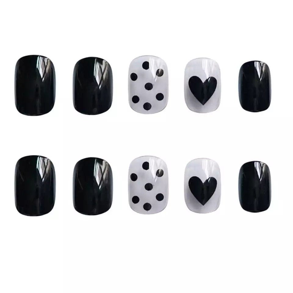 Goth Short Black heart Press On Nails nude glue on natural polka dot gray