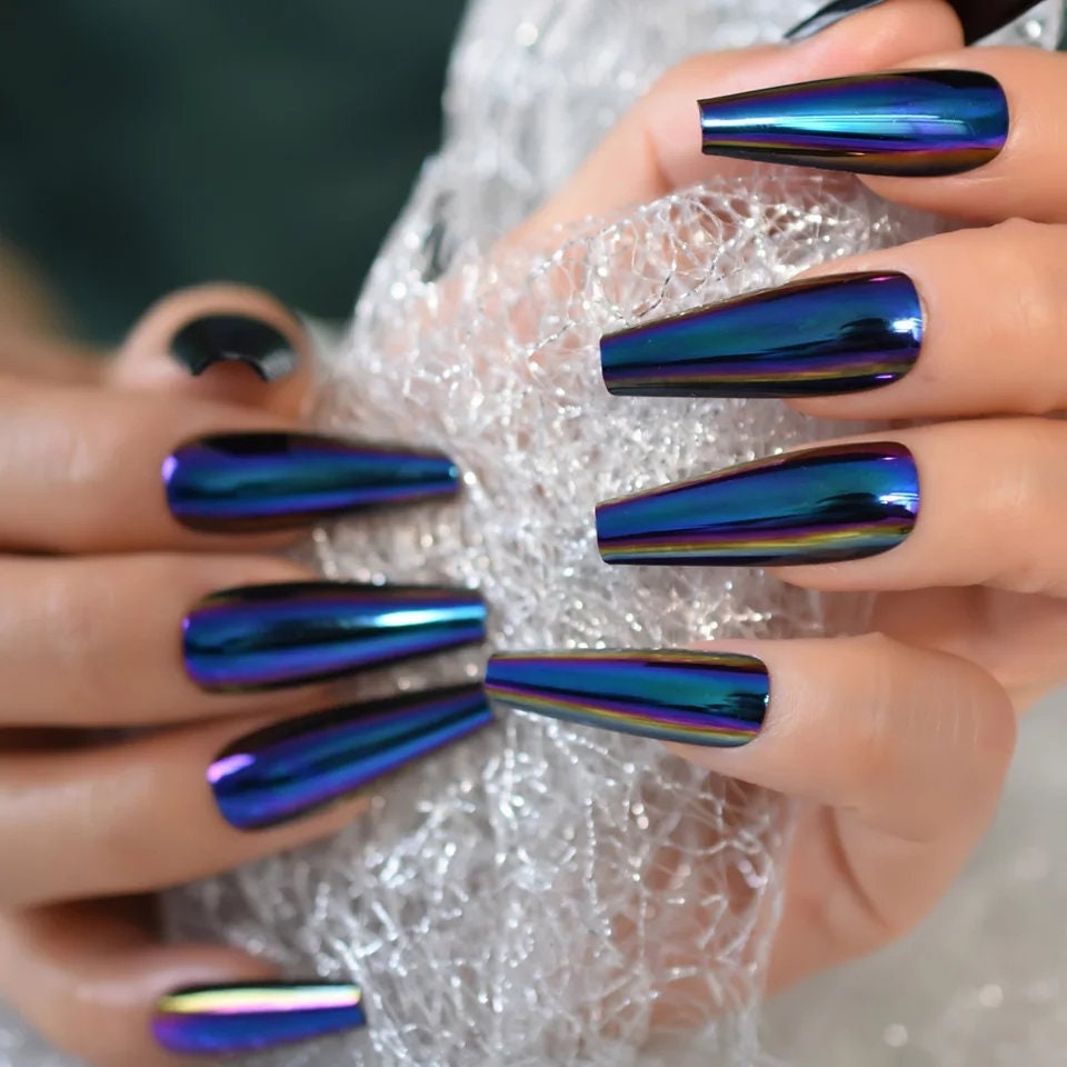 24 Deep Blue Chameleon Chrome Press On Nails Glue on Mirror shiny metallic color changing dark mood witchy